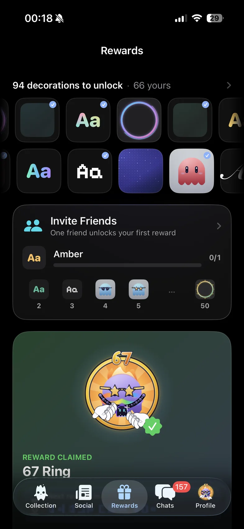 Rewards: a shelf of unlockable decorations, an Invite Friends ladder, and a claimed 67 Ring